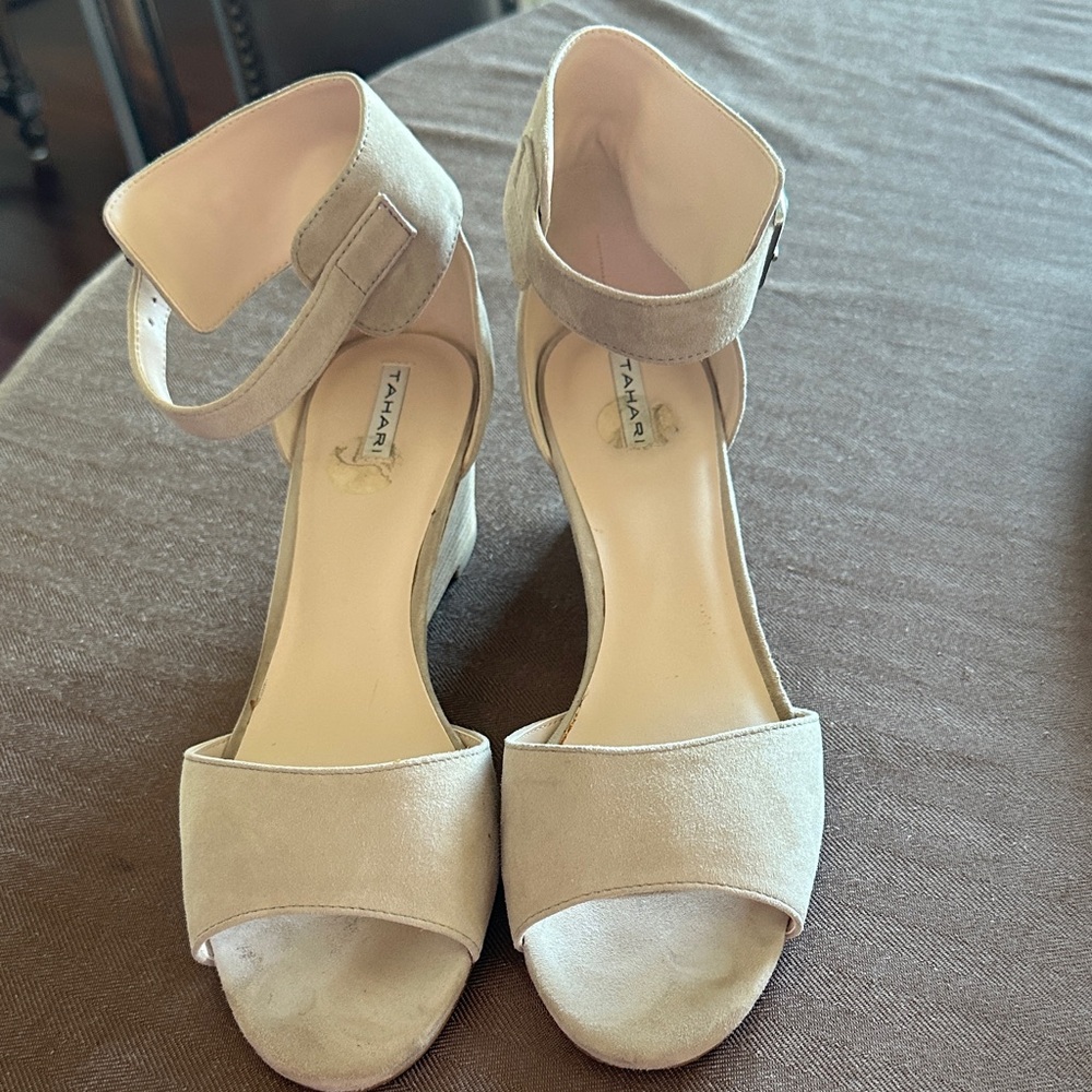Tahari Neutral Beige Suede Ankle-Strap Block Heels